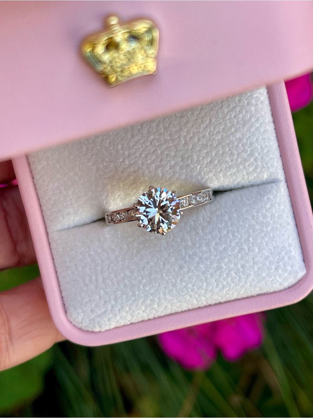 2CT Round Cut Moissanite Engagement Ring with Channel Set Pave Band